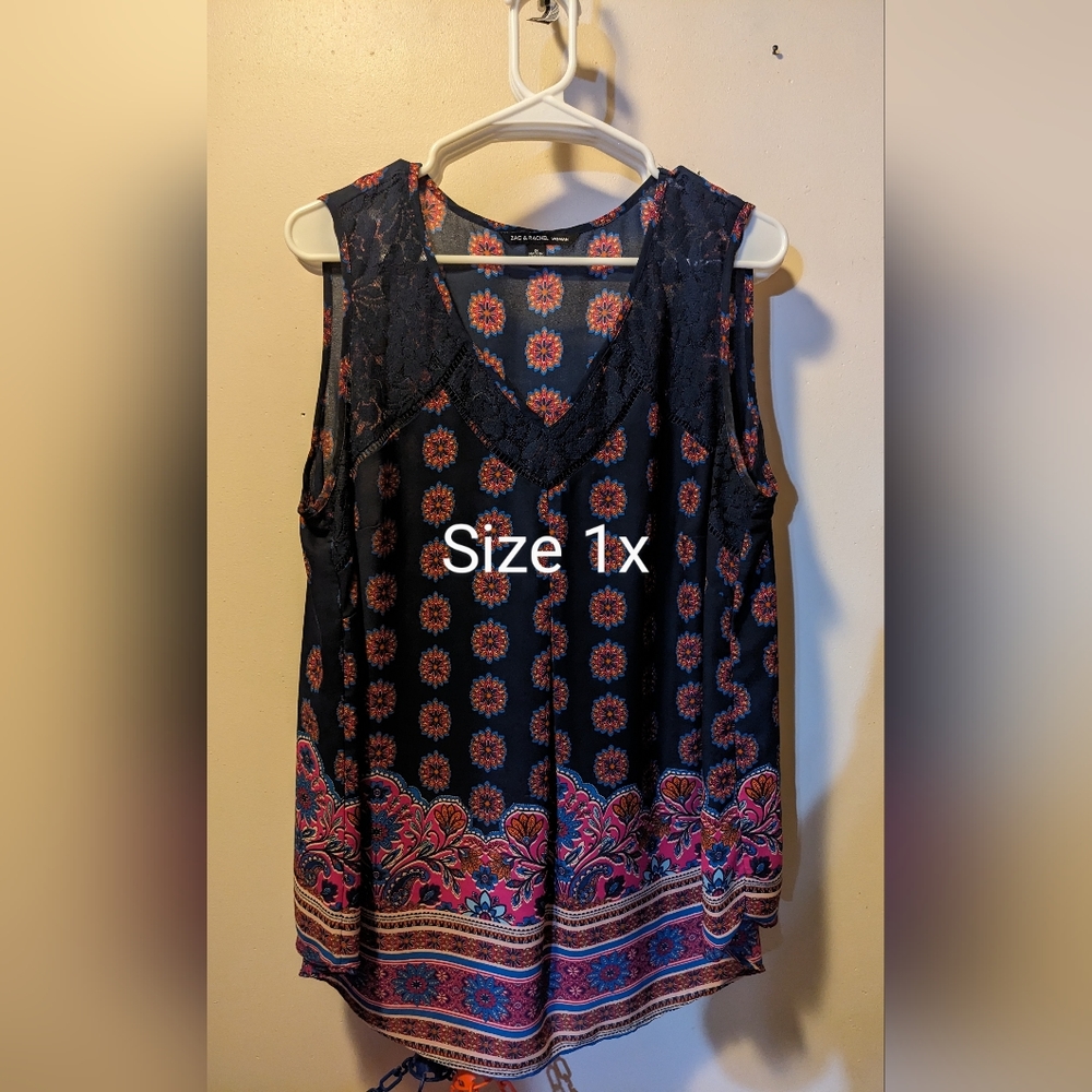 Mixed Print Lace-Trim Sleeveless Tank Top - Black/Pink